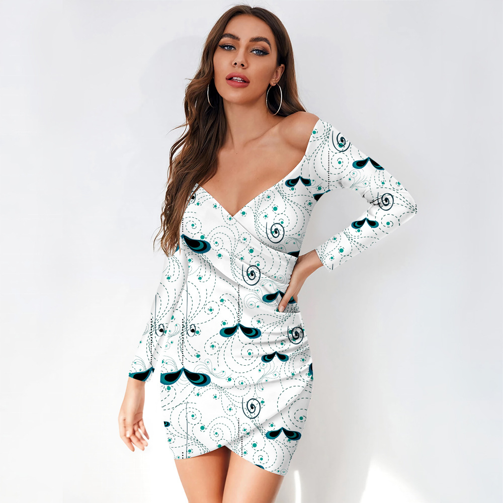 custom women's casual mini dress bodycon wrap v-neck long sleeve off shoulder all-over printing no minimum