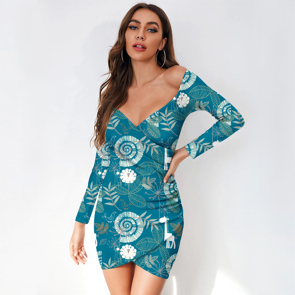 custom women's casual mini dress bodycon wrap v-neck long sleeve off shoulder all-over printing no minimum