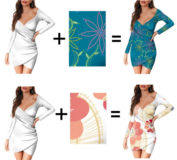 custom women's casual mini dress bodycon wrap v-neck long sleeve off shoulder all-over printing no minimum