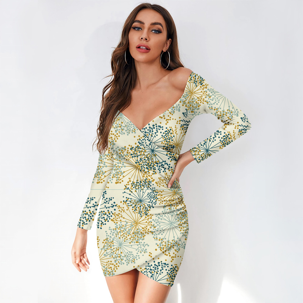 custom women's casual mini dress bodycon wrap v-neck long sleeve off shoulder all-over printing no minimum
