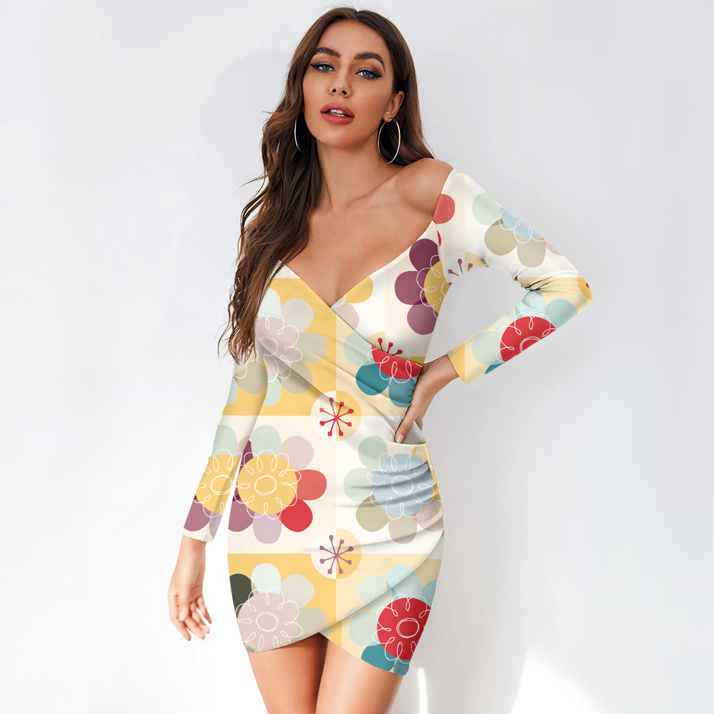 custom women's casual mini dress bodycon wrap v-neck long sleeve off shoulder all-over printing no minimum