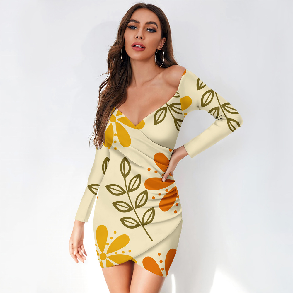 custom women's casual mini dress bodycon wrap v-neck long sleeve off shoulder all-over printing no minimum