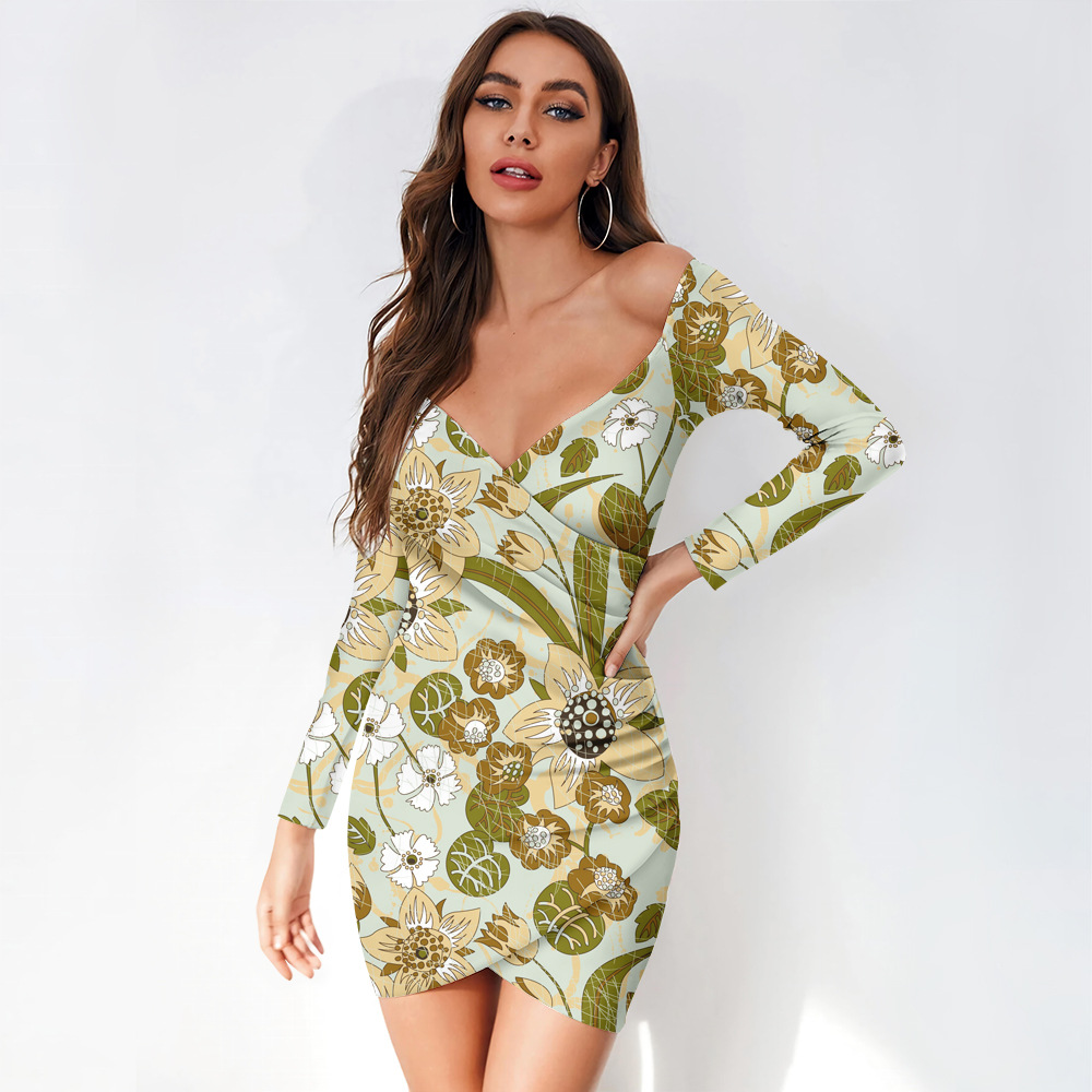 custom women's casual mini dress bodycon wrap v-neck long sleeve off shoulder all-over printing no minimum