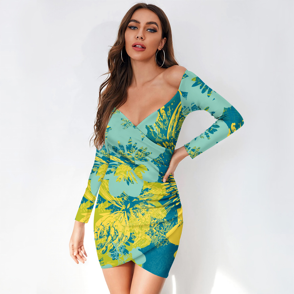 custom women's casual mini dress bodycon wrap v-neck long sleeve off shoulder all-over printing no minimum