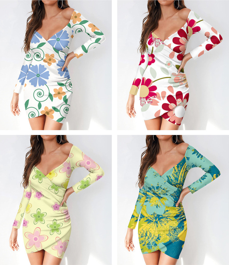 custom women's casual mini dress bodycon wrap v-neck long sleeve off shoulder all-over printing no minimum