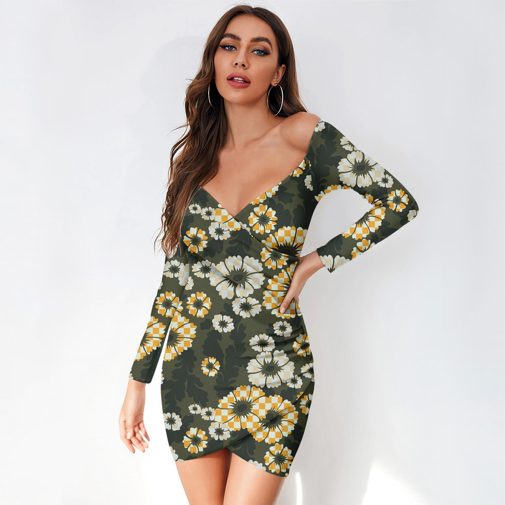 custom women's casual mini dress bodycon wrap v-neck long sleeve off shoulder all-over printing no minimum