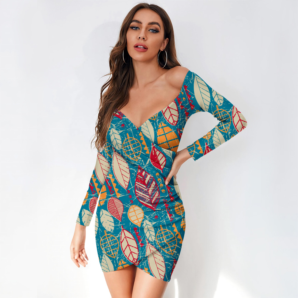 custom women's casual mini dress bodycon wrap v-neck long sleeve off shoulder all-over printing no minimum
