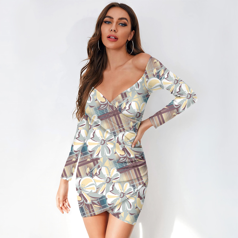 custom women's casual mini dress bodycon wrap v-neck long sleeve off shoulder all-over printing no minimum