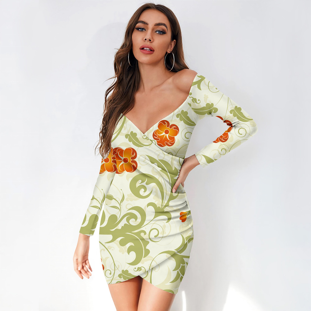 custom women's casual mini dress bodycon wrap v-neck long sleeve off shoulder all-over printing no minimum