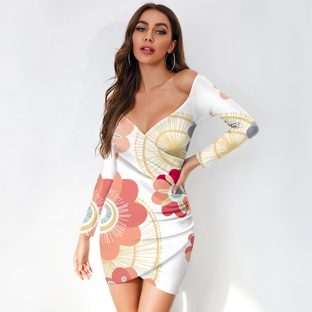 custom women's casual mini dress bodycon wrap v-neck long sleeve off shoulder all-over printing no minimum