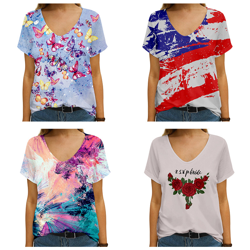 Custom Women's T-Shirt Printing V-Neck Short Sleeve Summer No Minimum ...