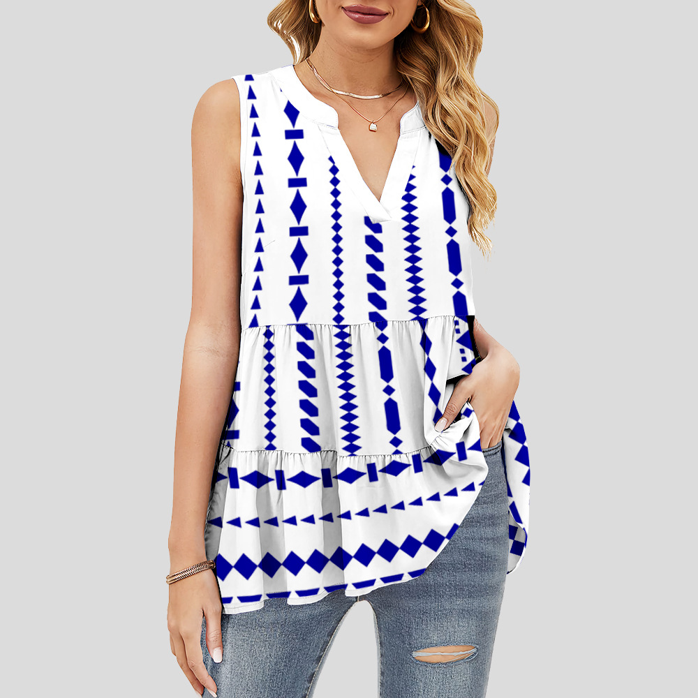 custom women's summer top all-over printing no minimum v-neck sleeveless ruffle tiered layered lady shirt blouse