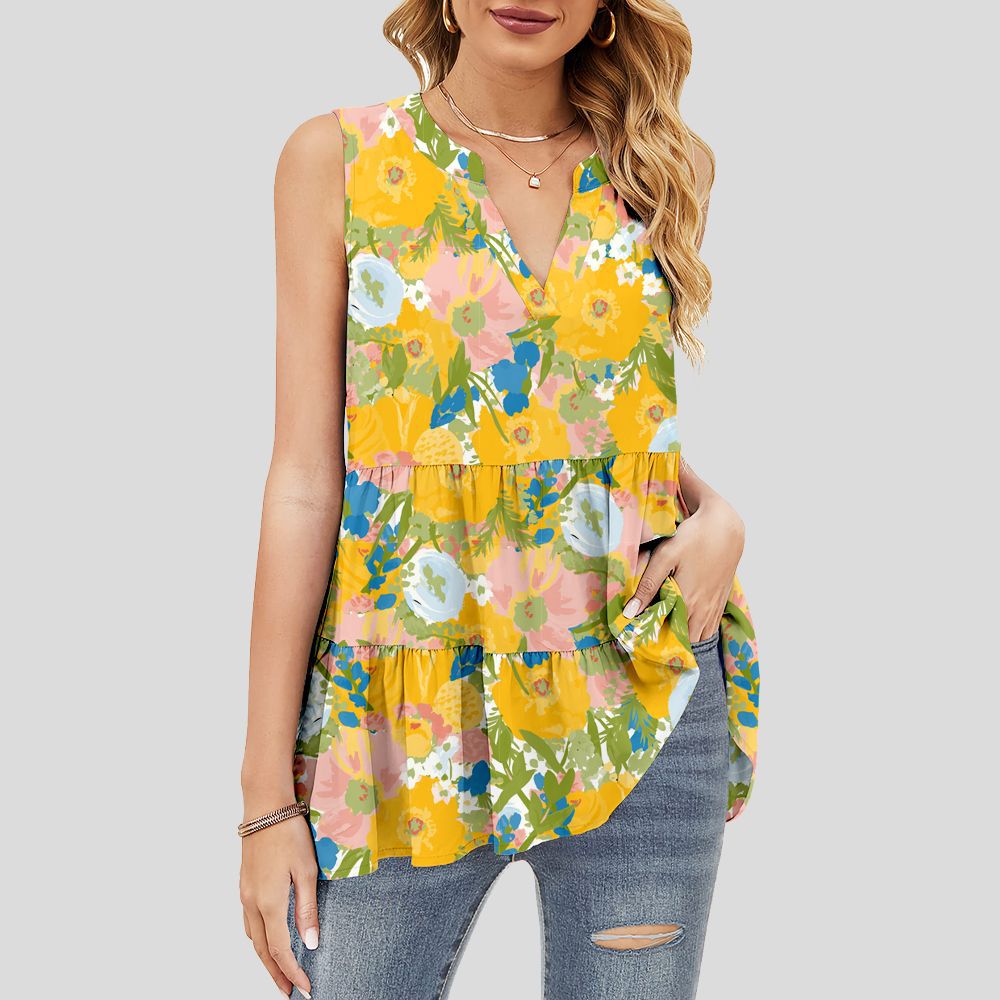 custom women's summer top all-over printing no minimum v-neck sleeveless ruffle tiered layered lady shirt blouse custom women's summer top all-over printing no minimum v-neck sleeveless ruffle tiered layered lady shirt blouse