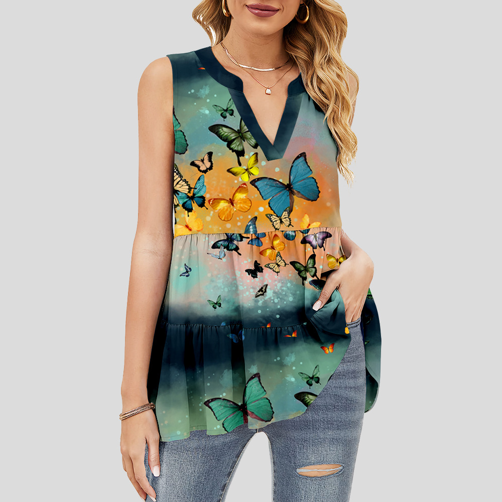 custom women's summer top all-over printing no minimum v-neck sleeveless ruffle tiered layered lady shirt blouse
