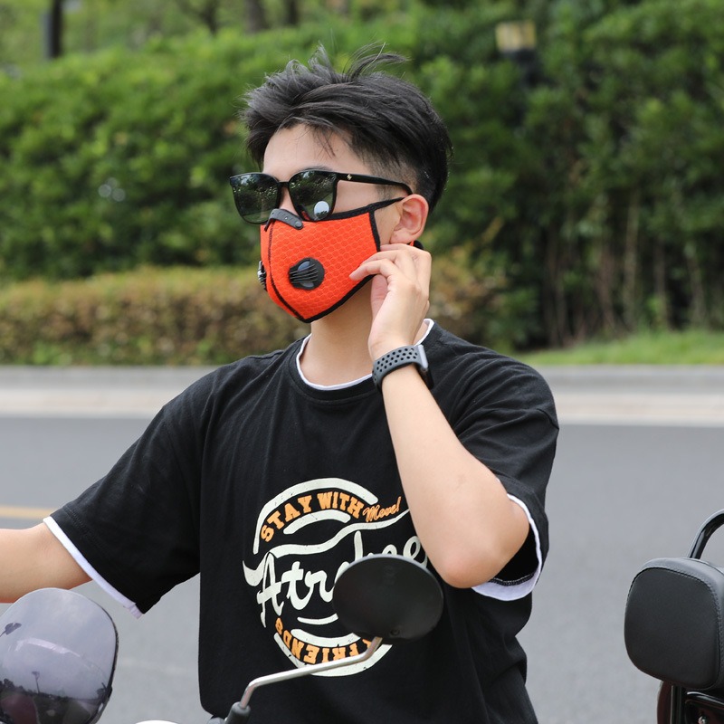 orange motorcycle bike riding sport face mask filter valves velcro resusable washable anti air pollution