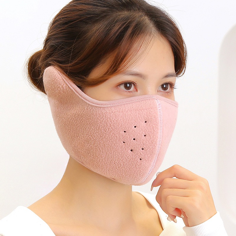 pink winter fleece earflap half face mask with adjustable velcro closure