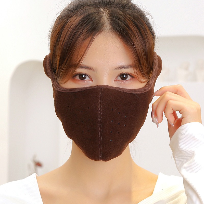 coffee winter fleece earflap half face mask with adjustable velcro closure