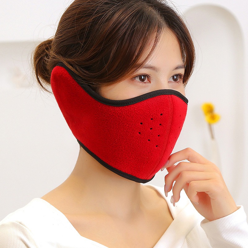 red winter fleece earflap half face mask with adjustable velcro closure