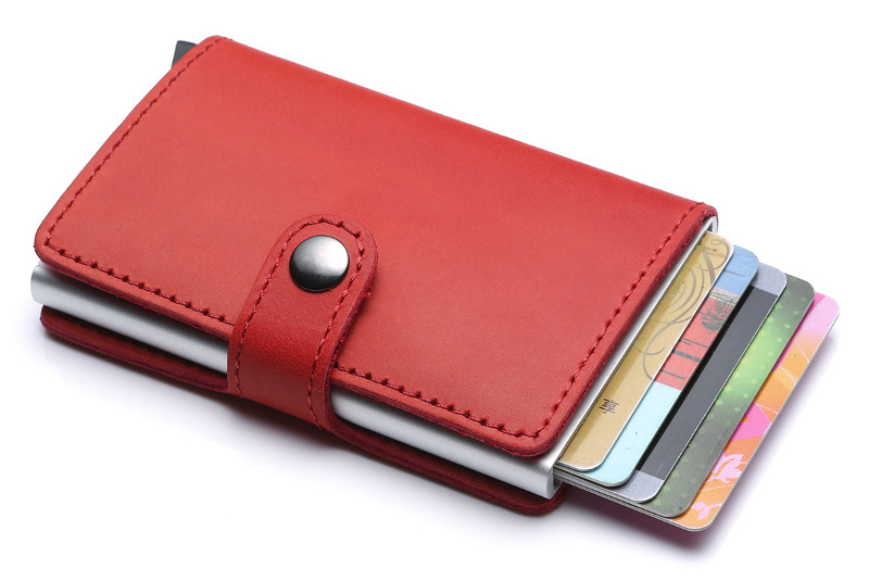 aluminum credit card holder, pop up card, red RFID blocking leather wallet, wholesale