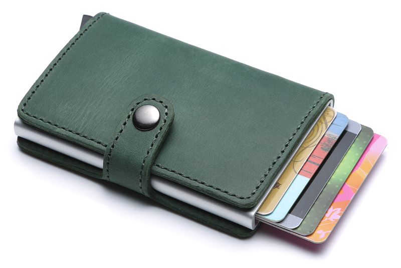 green RFID blocking leather wallet, aluminum credit card holder, pop up card, wholesale