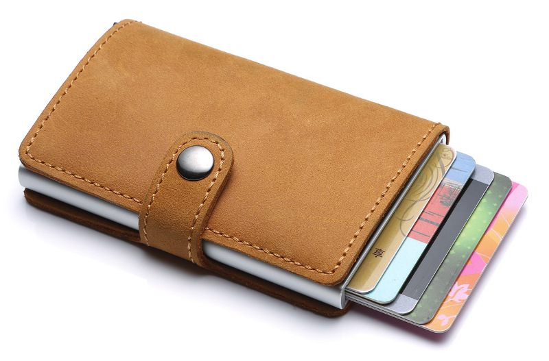 light brown RFID blocking leather wallet, aluminum credit card holder, pop up card, wholesale