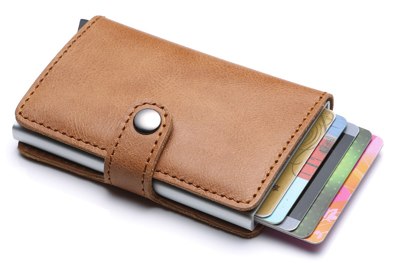 wax brown RFID blocking leather wallet, aluminum credit card holder, pop up card, wholesale