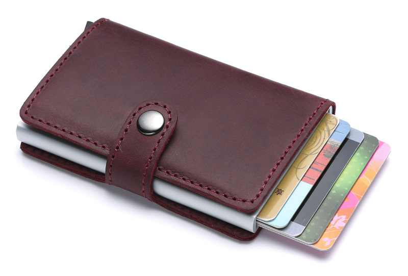 burgundy RFID blocking leather wallet, aluminum credit card holder, pop up card, wholesale