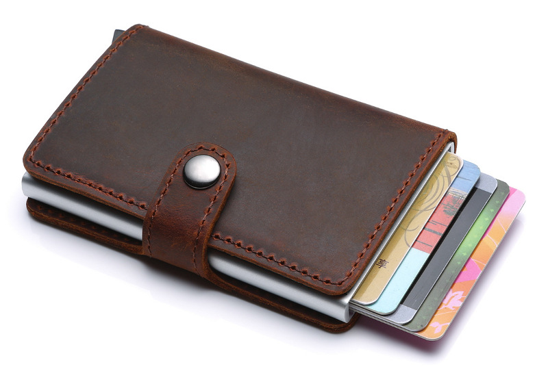 dark brown RFID blocking leather wallet, aluminum credit card holder, pop up card, wholesale
