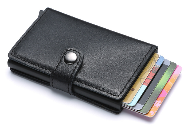 glossy black aluminum credit card holder, pop up card, RFID blocking leather wallet, wholesale