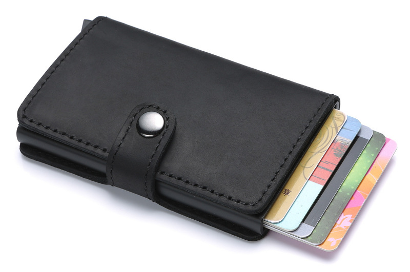 matte black aluminum credit card holder, pop up card, RFID blocking leather wallet, wholesale