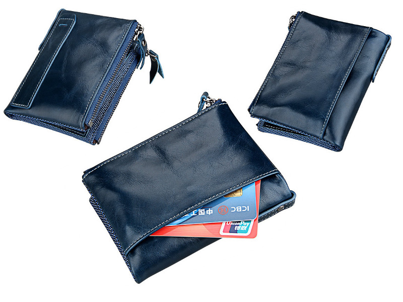blue bifold genuine cowhide leather wallet, retro vintage rfid blocking wholesale