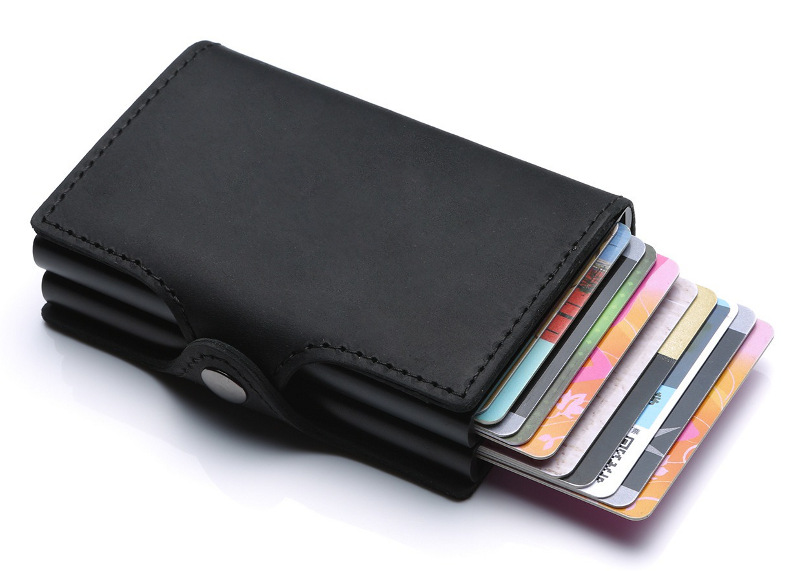 aluminum credit card holder, double pop up card case, RFID blocking genuine leather wallet, wholesale