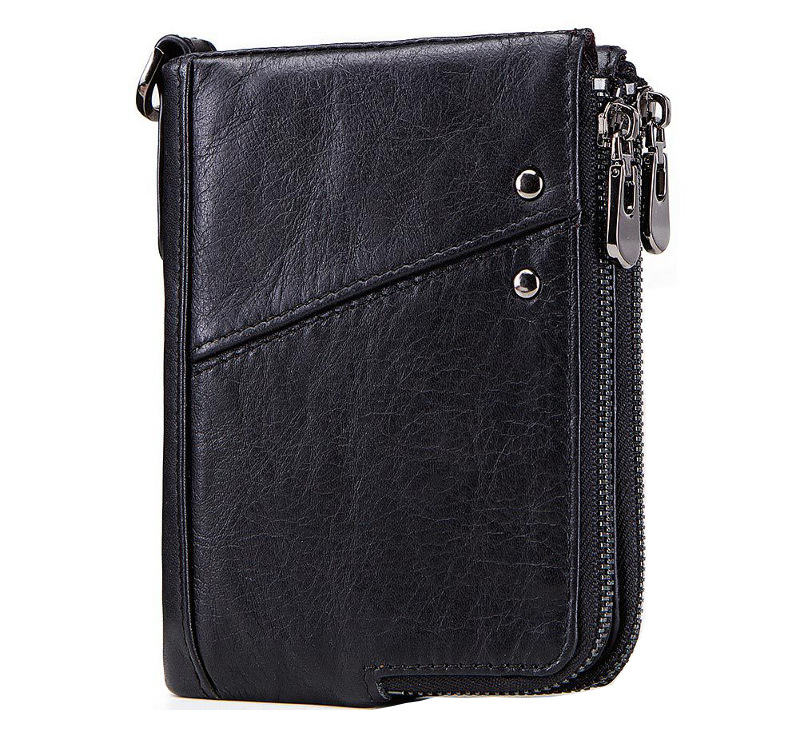 genuine cowhide leather wallet, rfid blocking, double zip coin pocket, card holder, wholesale, black