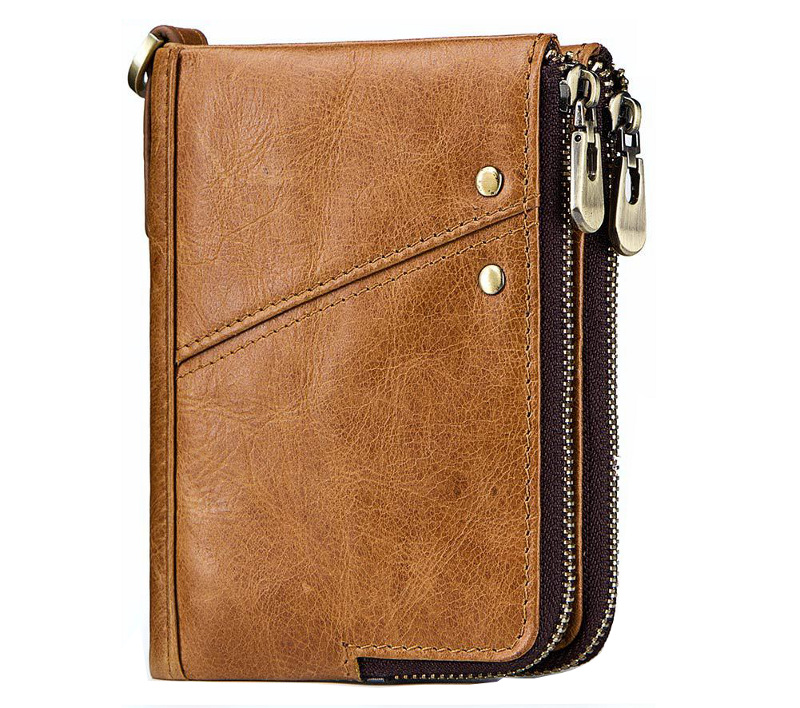 genuine cowhide leather wallet, rfid blocking, double zip coin pocket, card holder, wholesale, light brown