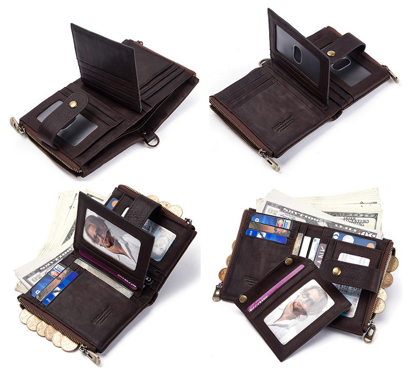 dark brown genuine cowhide leather wallet fro men, rfid blocking, double zip coin pocket, card holder, wholesale dark brown genuine cowhide leather wallet fro men, rfid blocking, double zip coin pocket, card holder, wholesale
