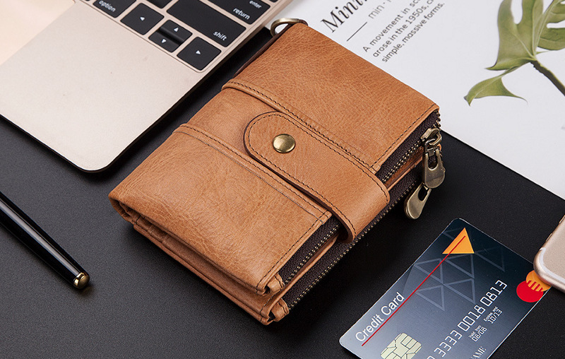light brown genuine cowhide leather wallet fro men, rfid blocking, double zip coin pocket, card holder, wholesale