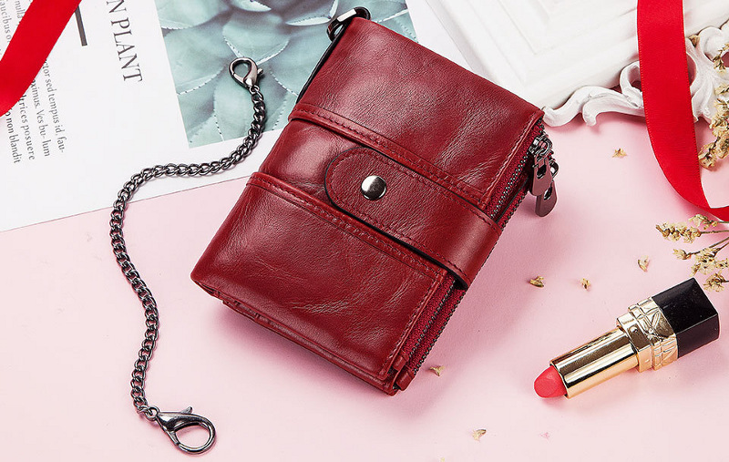 red genuine cowhide leather wallet, rfid blocking, double zip coin pocket, card holder, wholesale