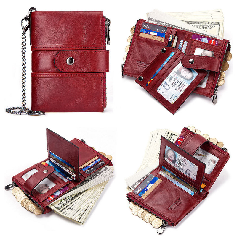 red genuine cowhide leather wallet, rfid blocking, double zip coin pocket, card holder, wholesale red genuine cowhide leather wallet, rfid blocking, double zip coin pocket, card holder, wholesale