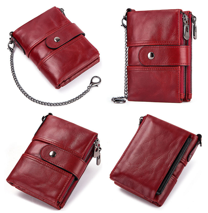 red genuine cowhide leather wallet, rfid blocking, double zip coin pocket, card holder, wholesale