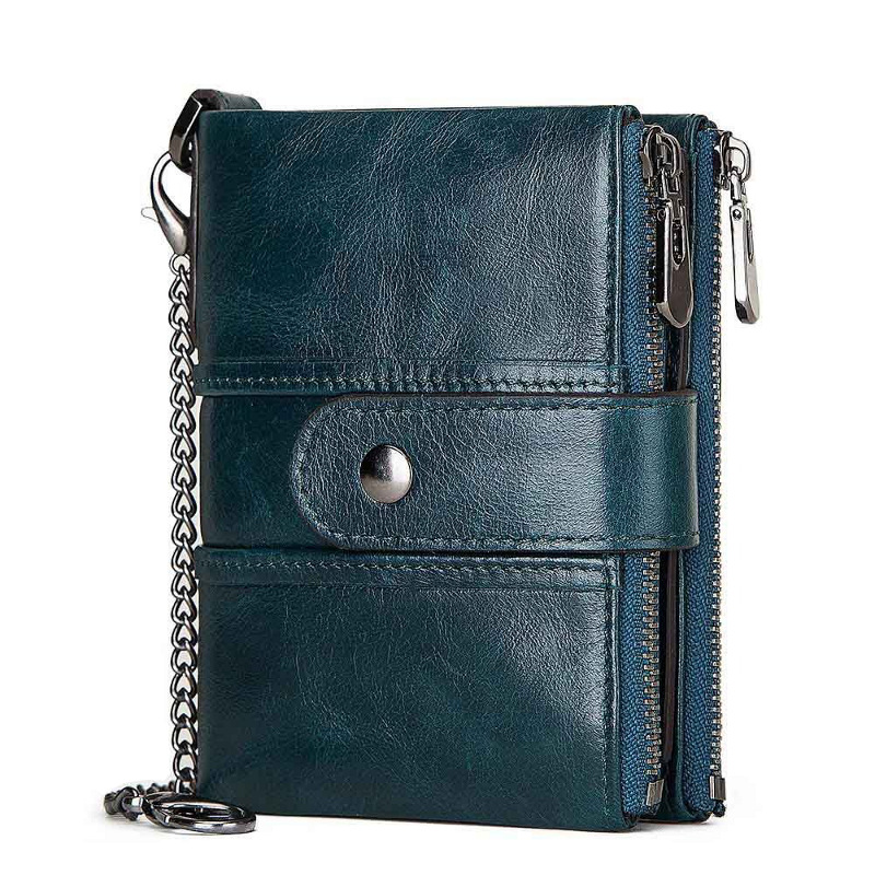 blue genuine cowhide leather wallet, rfid blocking, double zip coin pocket, card holder, wholesale