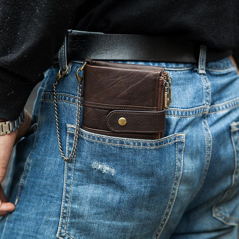 genuine top layer cow leather wallet, rfid blocking, zip pocket, id window, card holder, banknote pocket, wholesale