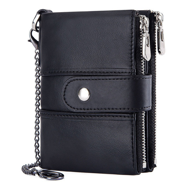black genuine cowhide leather wallet fro men, rfid blocking, double zip coin pocket, card holder, wholesale