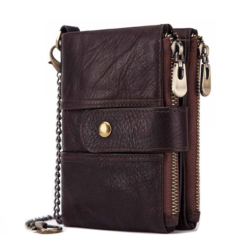 dark brown genuine cowhide leather wallet fro men, rfid blocking, double zip coin pocket, card holder, wholesale
