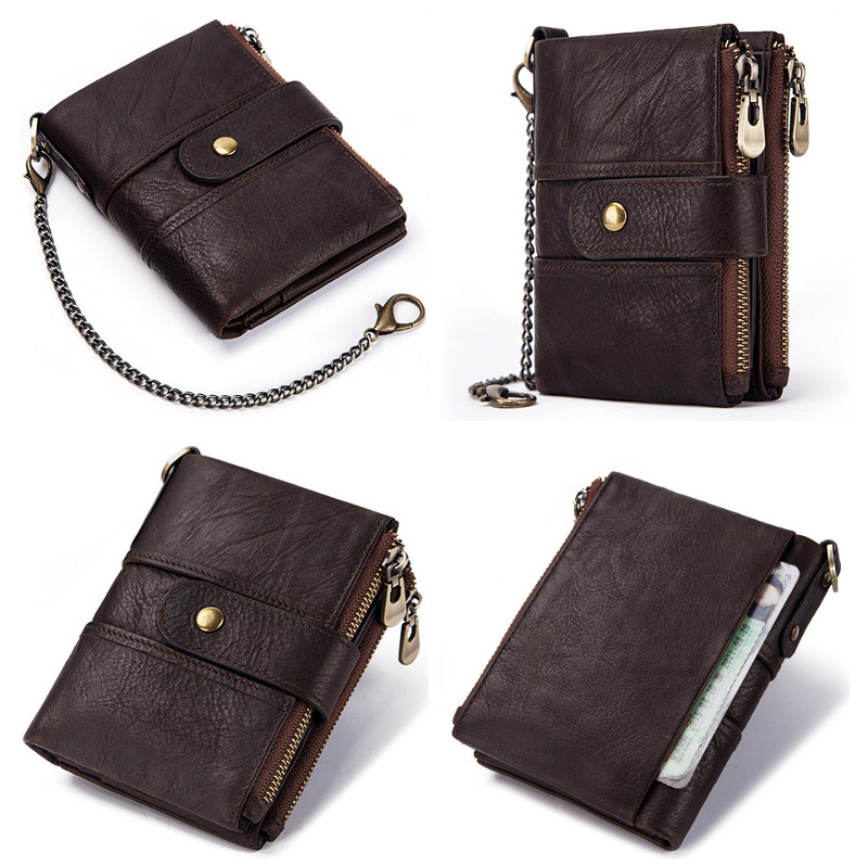 dark brown genuine cowhide leather wallet fro men, rfid blocking, double zip coin pocket, card holder, wholesale