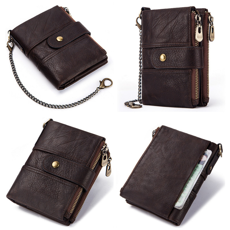 dark brown genuine cowhide leather wallet fro men, rfid blocking, double zip coin pocket, card holder, wholesale dark brown genuine cowhide leather wallet fro men, rfid blocking, double zip coin pocket, card holder, wholesale