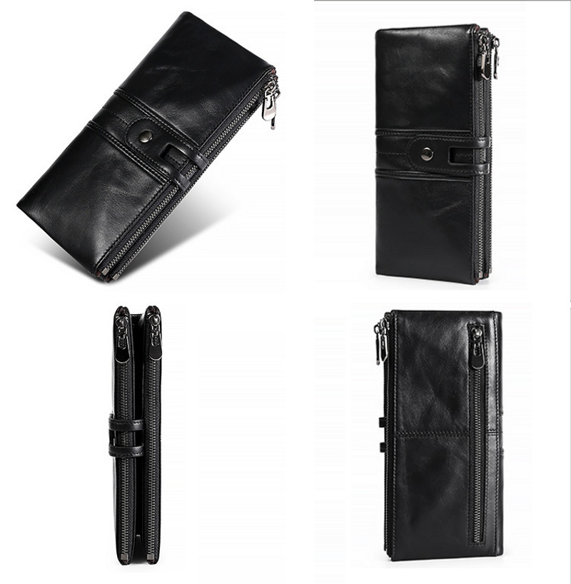 black genuine first-layer cowhide leather wallet for women, rfid blocking, zip pocket, id window, card holder, banknote pocket, wholesale