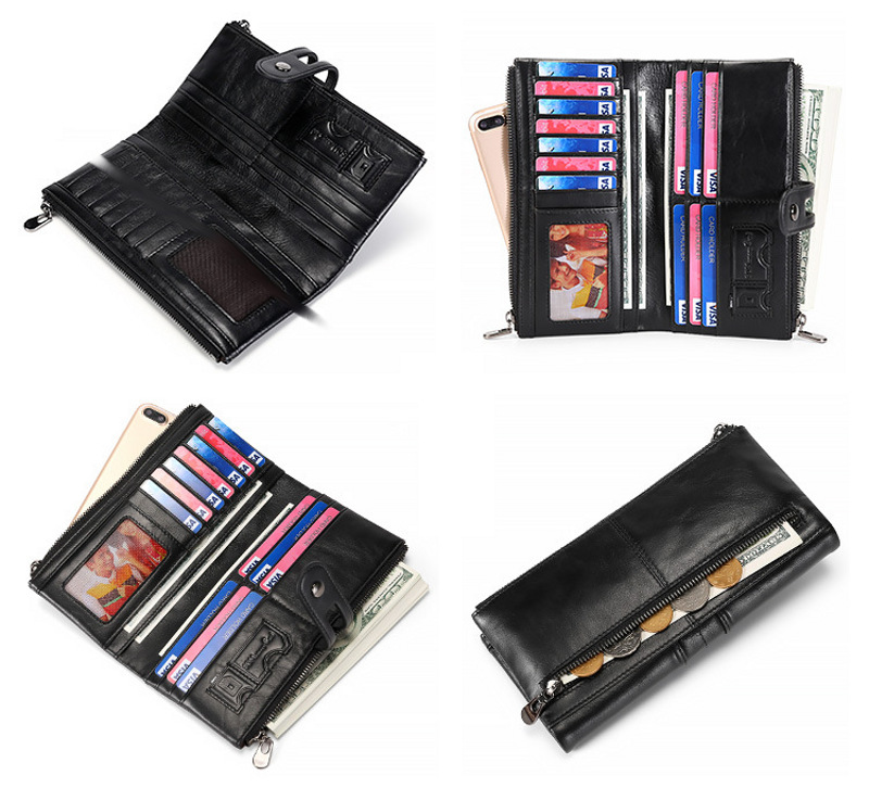 black genuine first-layer cowhide leather wallet for women, rfid blocking, zip pocket, id window, card holder, banknote pocket, wholesale black genuine first-layer cowhide leather wallet for women, rfid blocking, zip pocket, id window, card holder, banknote pocket, wholesale