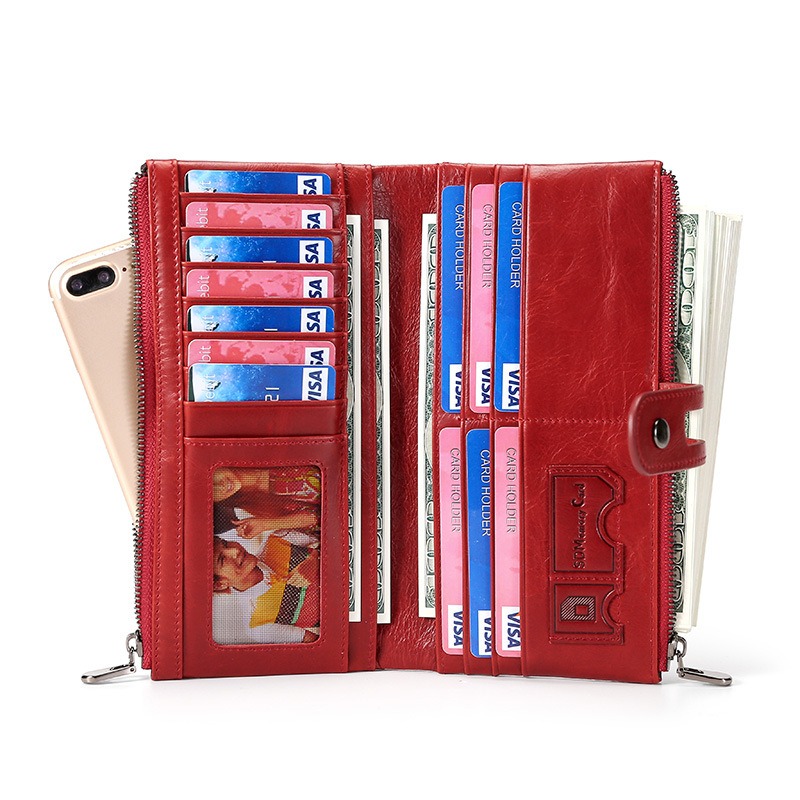 red genuine first-layer cowhide leather wallet for women, rfid blocking, zip pocket, id window, card holder, banknote pocket, wholesale