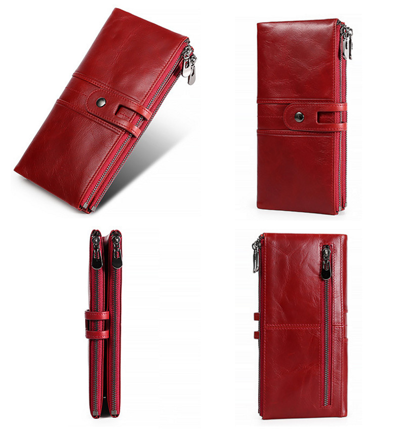 red genuine first-layer cowhide leather wallet for women, rfid blocking, zip pocket, id window, card holder, banknote pocket, wholesale red genuine first-layer cowhide leather wallet for women, rfid blocking, zip pocket, id window, card holder, banknote pocket, wholesale