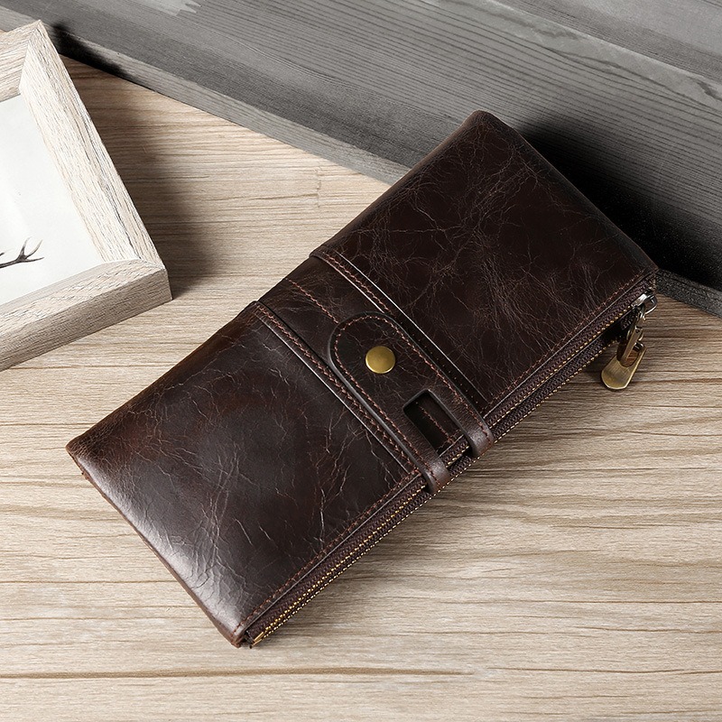 dark brown genuine first-layer cowhide leather wallet for women, rfid blocking, zip pocket, id window, card holder, banknote pocket, wholesale